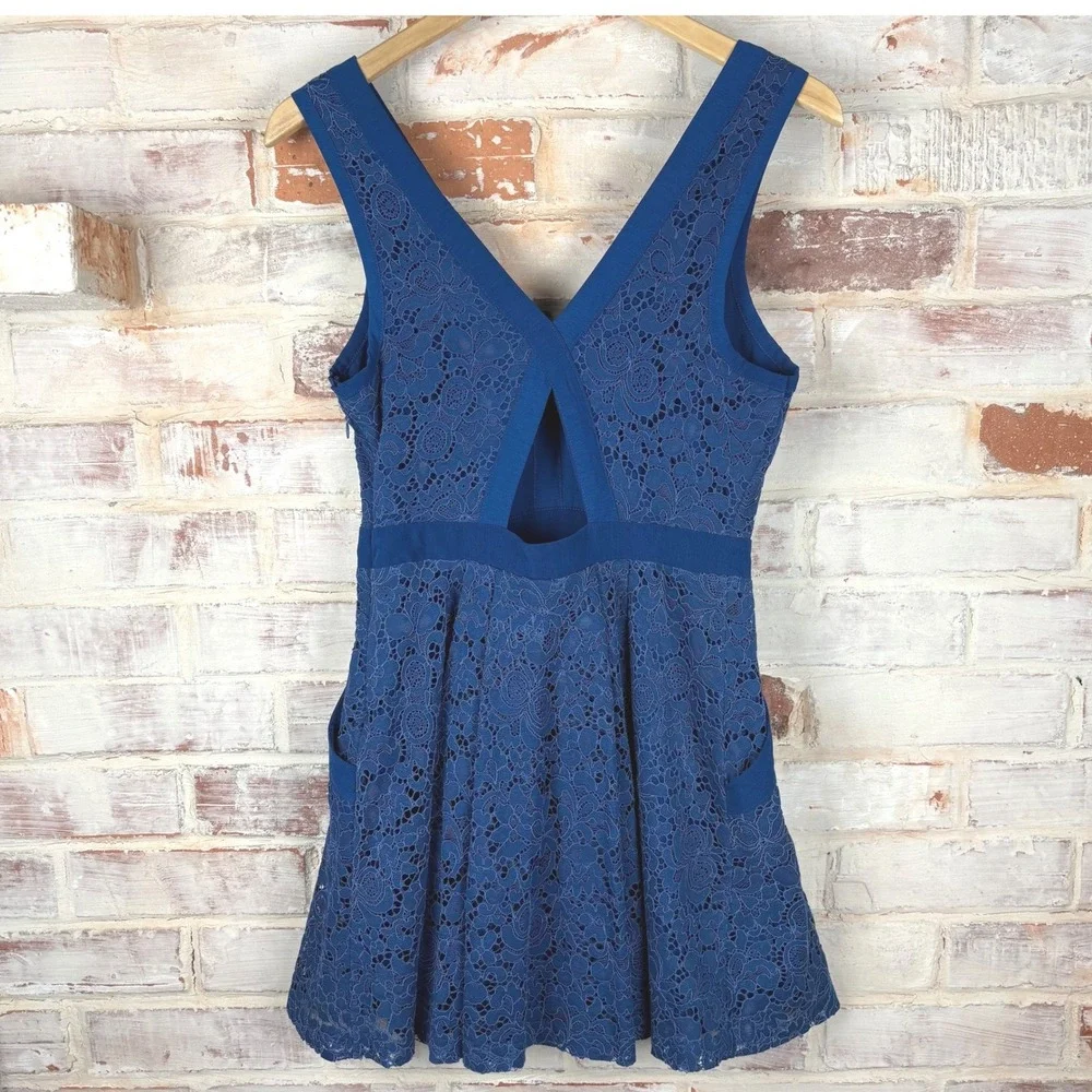 Free People Lovely in Lace Cobalt Mini Dress XS V-Neck Crossover Keyhole Pockets